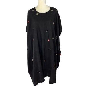 Black Linen? Kaftan Tunic Poncho Vest Dress Multicolor Buttons Oversize Festival